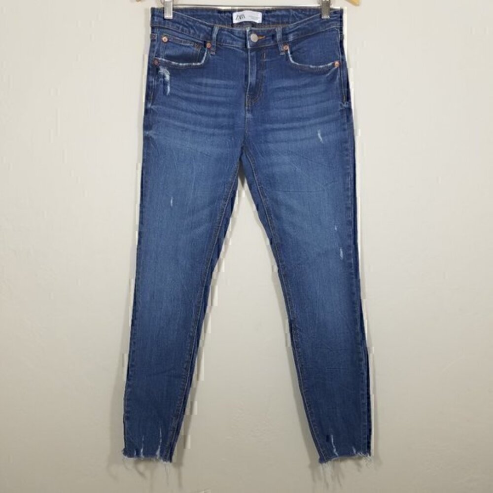 Zara The Skinny In Island Blue Super Stretch Raw Hem Jeans Size 8